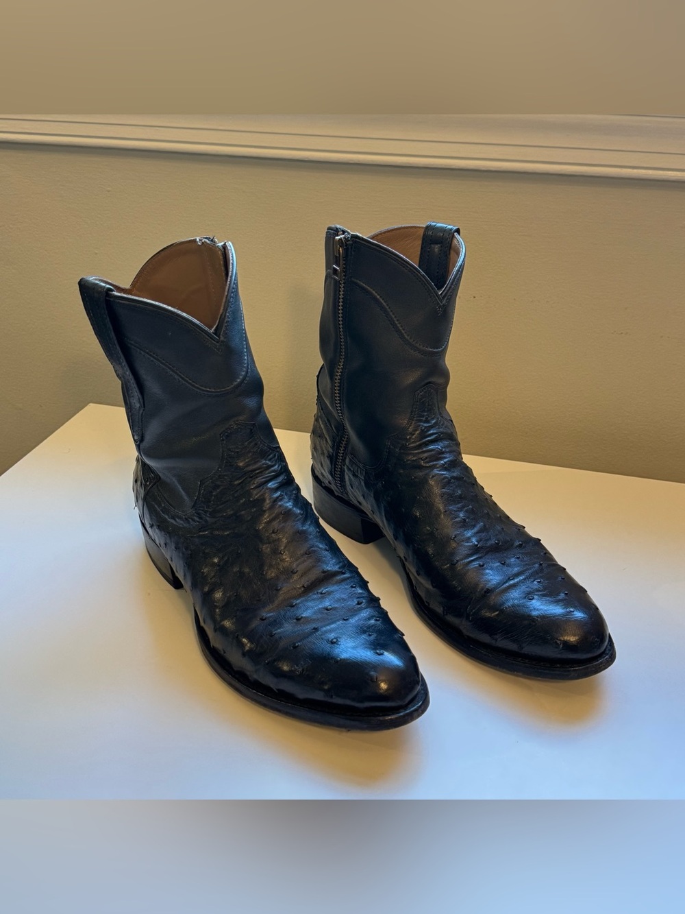 Tecovas Black Ostrich Leather “The Dean” Western Zip Boots
